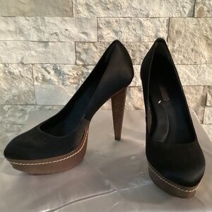BCBG MaxAzria Black Satin Stacked Platform Pumps